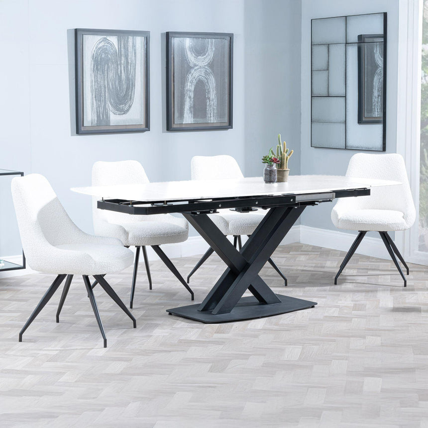 Arctic White Ceramic Swivel Top Extending Dining Set - Arctic Cream Velvet Fabric Swivel Dining Chair-4