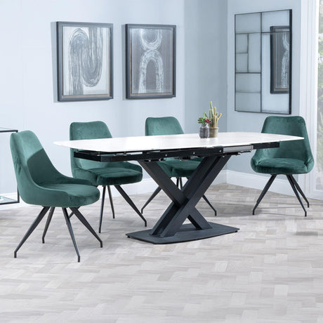 Arctic White Ceramic Swivel Top Extending Dining Set - Arctic Green Velvet Fabric Swivel Dining Chair-2