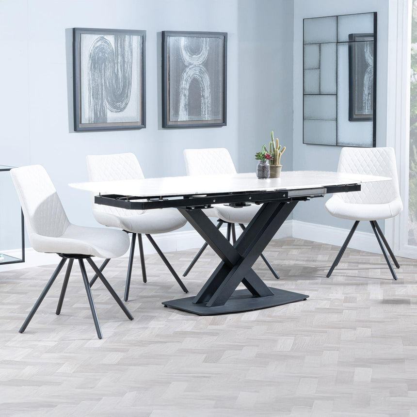 Arctic White Ceramic Swivel Top Extending Dining Set - Boden Cream Fabric Swivel Dining Chair-3