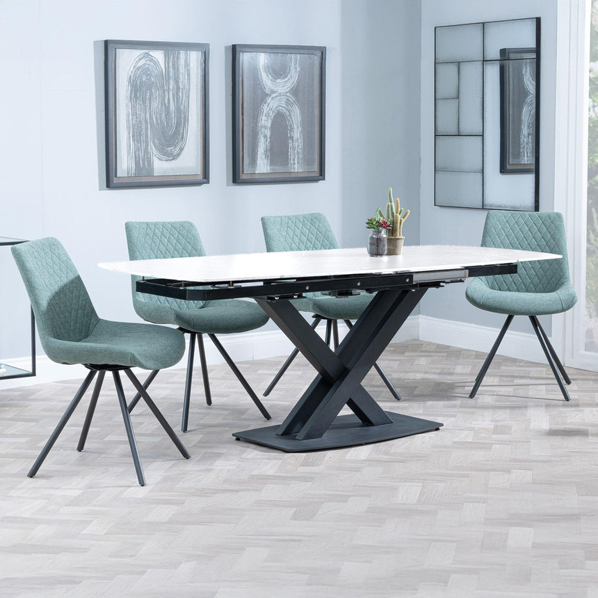 Arctic White Ceramic Swivel Top Extending Dining Set - Boden Green Fabric Swivel Dining Chair-5