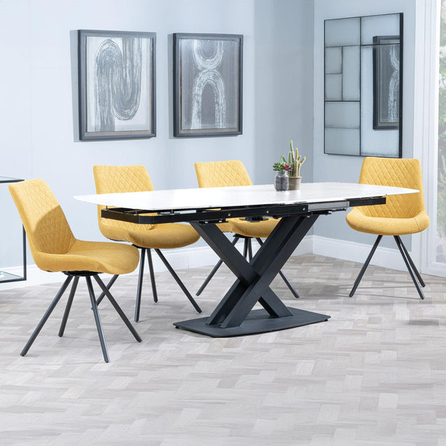 Arctic White Ceramic Swivel Top Extending Dining Set - Boden Yellow Fabric Swivel Dining Chair