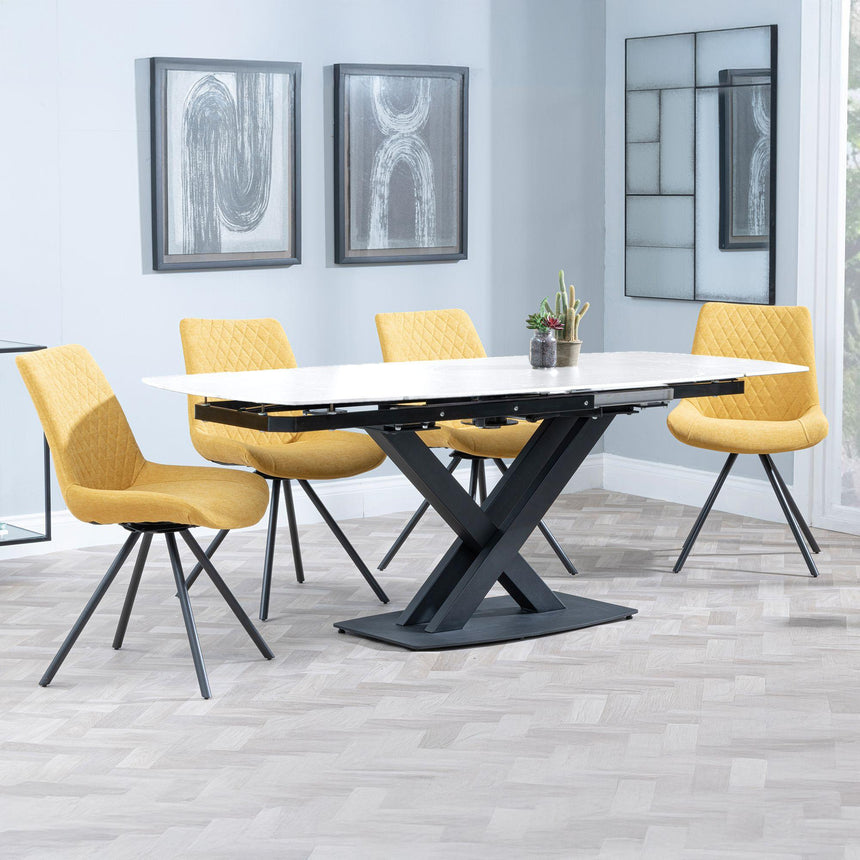 Arctic White Ceramic Swivel Top Extending Dining Set - Boden Yellow Fabric Swivel Dining Chair