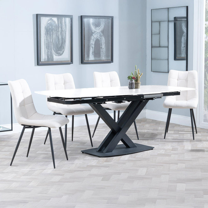 Arctic White Ceramic Swivel Top Extending Dining Set - Corona Beige Fabric Dining Chair-4