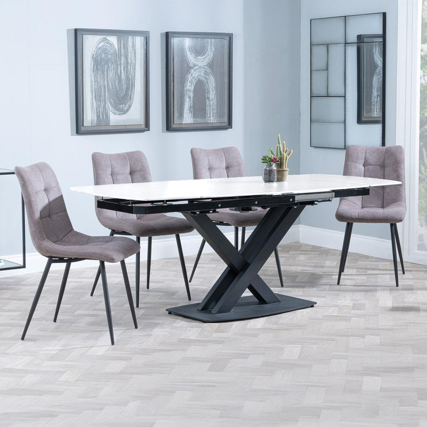 Arctic White Ceramic Swivel Top Extending Dining Set - Corona Camel Fabric Dining Chair-5