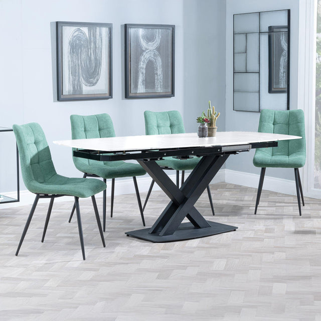 Arctic White Ceramic Swivel Top Extending Dining Set - Corona Green Fabric Dining Chair