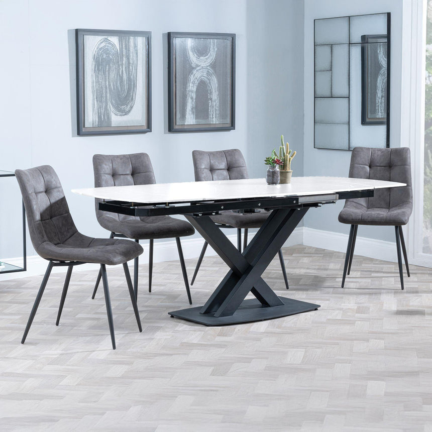 Arctic White Ceramic Swivel Top Extending Dining Set - Corona Grey Fabric Dining Chair-9