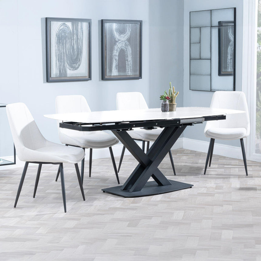 Arctic White Ceramic Swivel Top Extending Dining Set - Darwin Cream Fabric Dining Chair-2