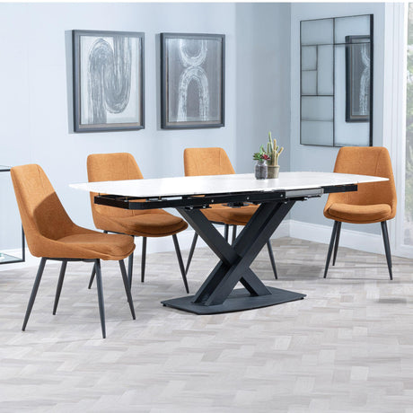 Arctic White Ceramic Swivel Top Extending Dining Set - Darwin Orange Fabric Dining Chair-4