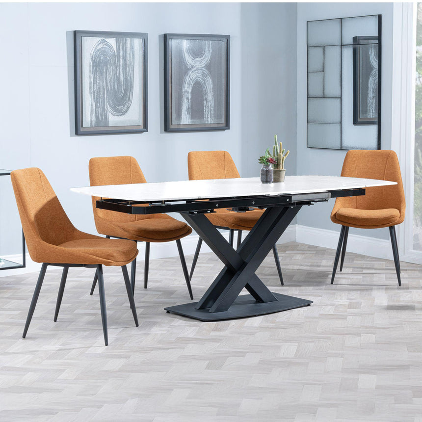Arctic White Ceramic Swivel Top Extending Dining Set - Darwin Orange Fabric Dining Chair-4