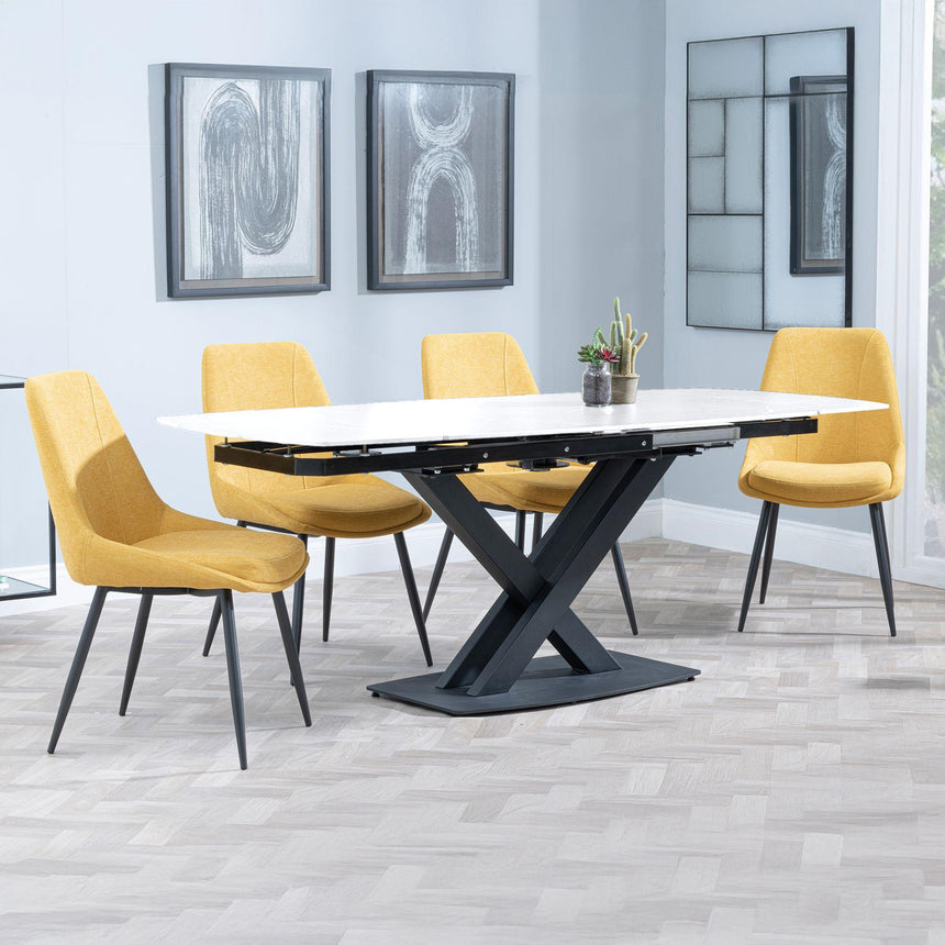 Arctic White Ceramic Swivel Top Extending Dining Set - Darwin Yellow Fabric Dining Chair-3
