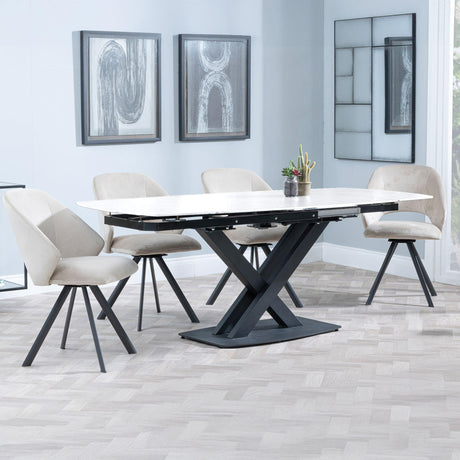 Arctic White Ceramic Swivel Top Extending Dining Set - Ion Beige Velvet Fabric Swivel Dining Chair-3