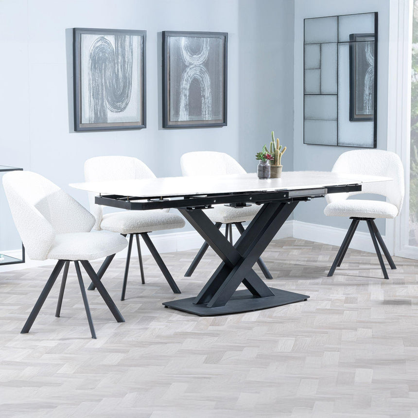 Arctic White Ceramic Swivel Top Extending Dining Set - Ion Cream Boucle Teddy Fabric Swivel Dining Chair-5