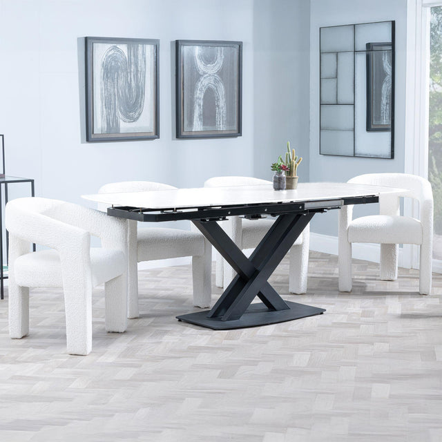 Arctic White Ceramic Swivel Top Extending Dining Set - Kiefer Cream Boucle Fabric Dining Chair
