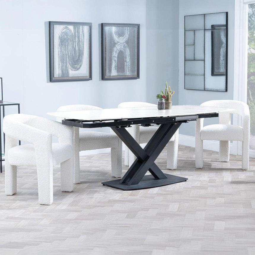 Arctic White Ceramic Swivel Top Extending Dining Set - Kiefer Cream Boucle Fabric Dining Chair