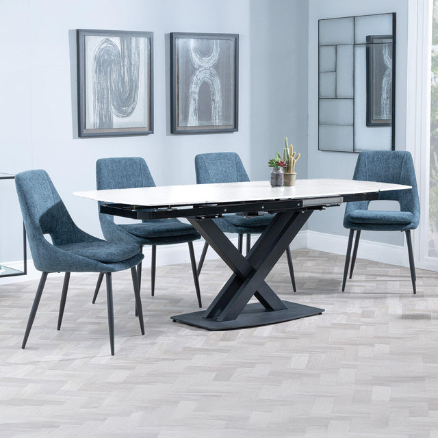 Arctic White Ceramic Swivel Top Extending Dining Set - Peyton Blue Fabric Dining Chair