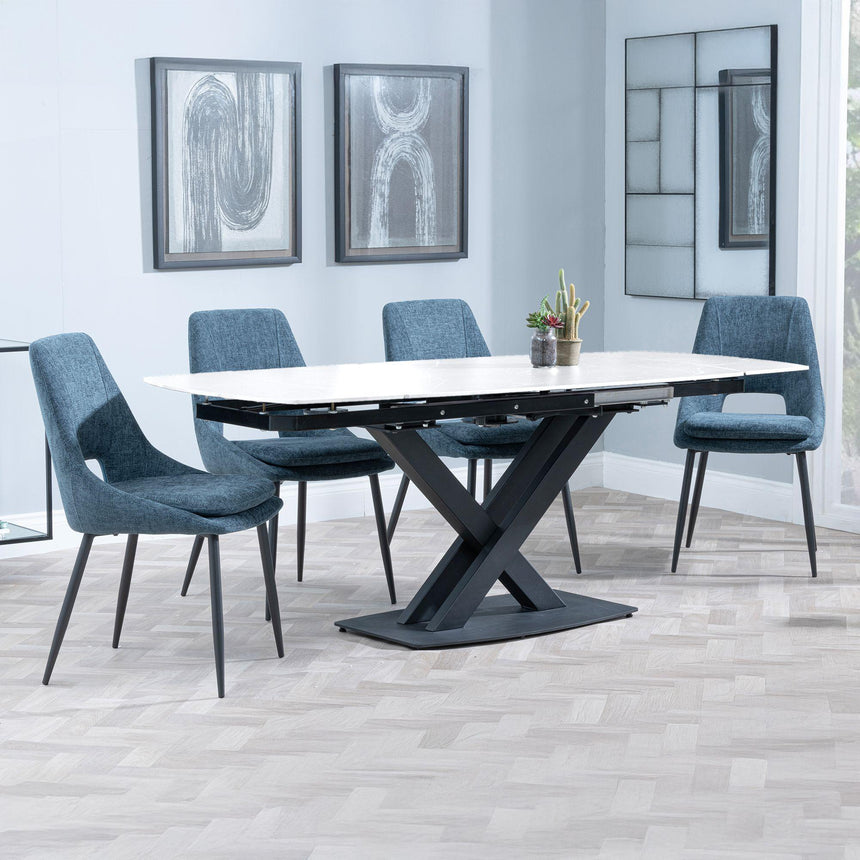 Arctic White Ceramic Swivel Top Extending Dining Set - Peyton Blue Fabric Dining Chair