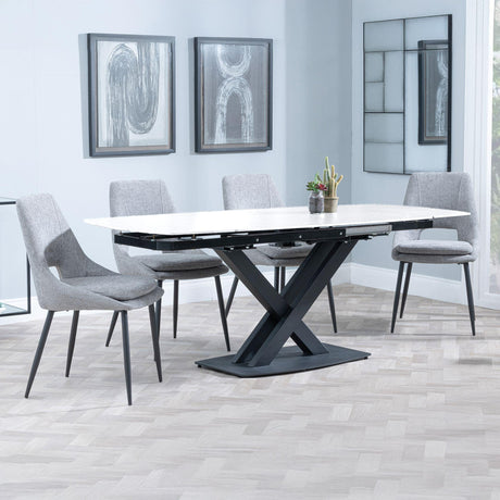 Arctic White Ceramic Swivel Top Extending Dining Set - Peyton Grey Fabric Dining Chair-3