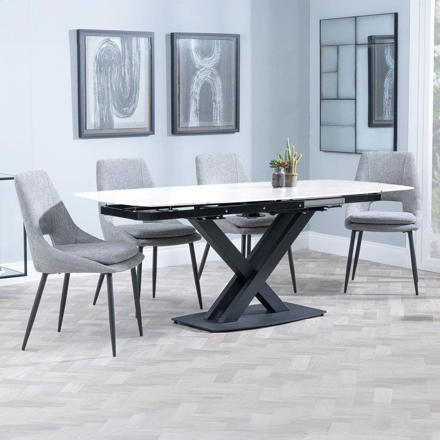 Arctic White Ceramic Swivel Top Extending Dining Set - Peyton Grey Fabric Dining Chair-3