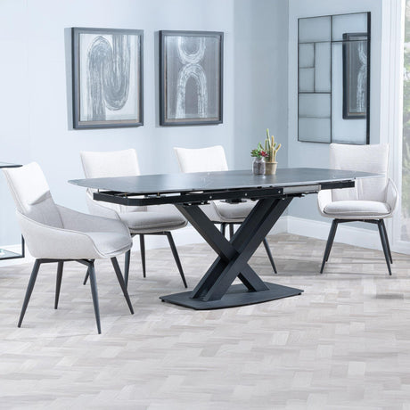 Arctic Black Ceramic Swivel Top Extending Dining Set - Ace Beige Fabric Swivel Dining Chair-3