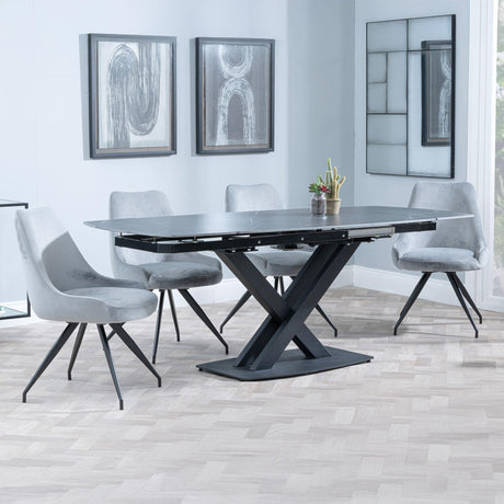 Arctic Black Ceramic Swivel Top Extending Dining Set - Arctic Grey Velvet Fabric Swivel Dining Chair-3