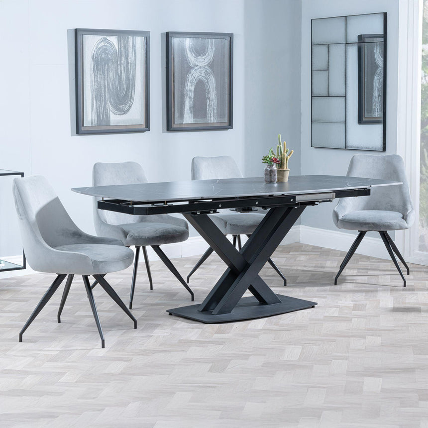 Arctic Black Ceramic Swivel Top Extending Dining Set - Arctic Grey Velvet Fabric Swivel Dining Chair-3