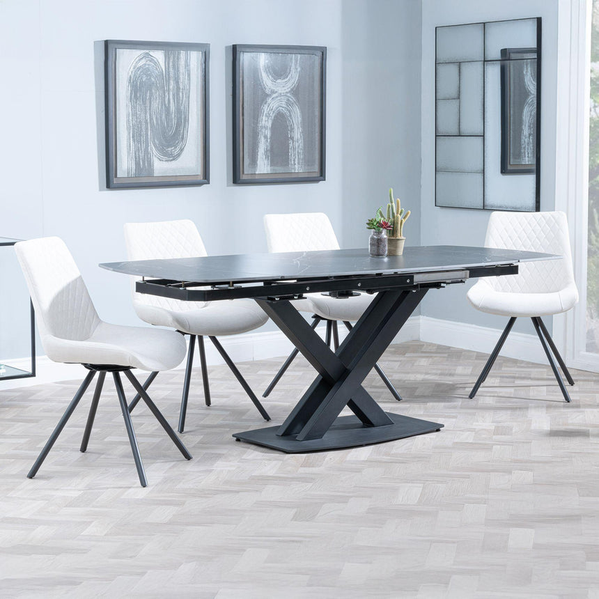 Arctic Black Ceramic Swivel Top Extending Dining Set - Boden Cream Fabric Swivel Dining Chair-3