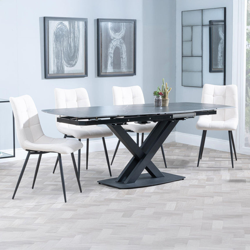 Arctic Black Ceramic Swivel Top Extending Dining Set - Corona Beige Fabric Dining Chair-4