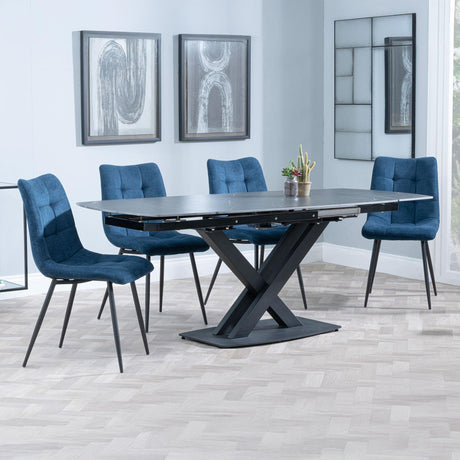 Arctic Black Ceramic Swivel Top Extending Dining Set - Corona Blue Fabric Dining Chair-6