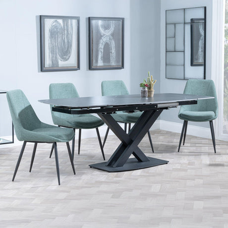 Arctic Black Ceramic Swivel Top Extending Dining Set - Darwin Green Fabric Dining Chair-5
