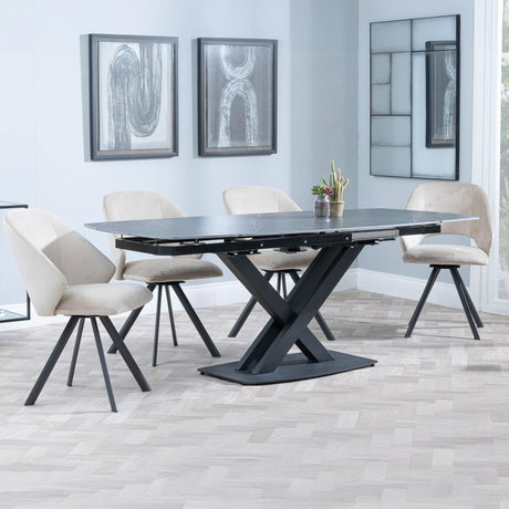 Arctic Black Ceramic Swivel Top Extending Dining Set - Ion Beige Velvet Fabric Swivel Dining Chair-3