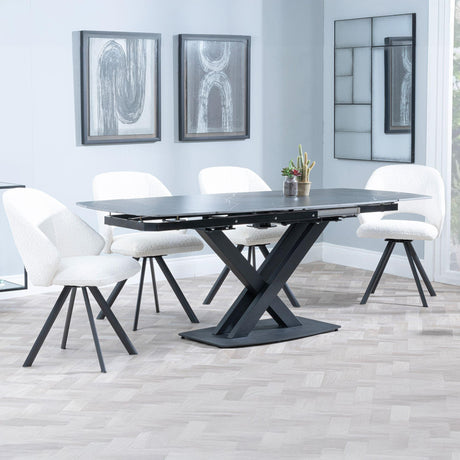 Arctic Black Ceramic Swivel Top Extending Dining Set - Ion Cream Boucle Teddy Fabric Swivel Dining Chair-5