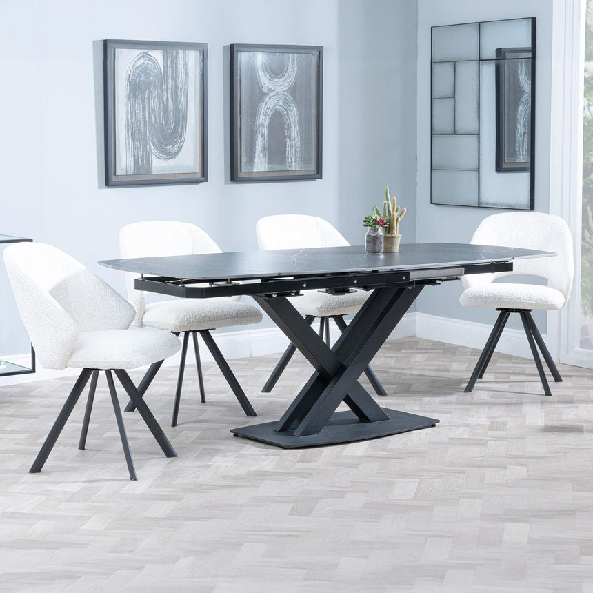 Arctic Black Ceramic Swivel Top Extending Dining Set - Ion Cream Boucle Teddy Fabric Swivel Dining Chair-5