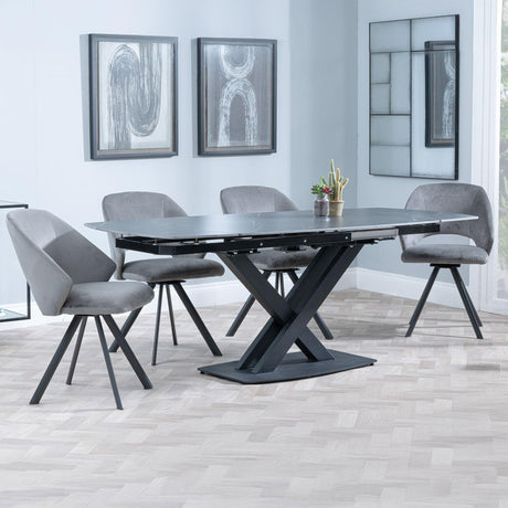 Arctic Black Ceramic Swivel Top Extending Dining Set - Ion Dark Grey Velvet Fabric Swivel Dining Chair-4