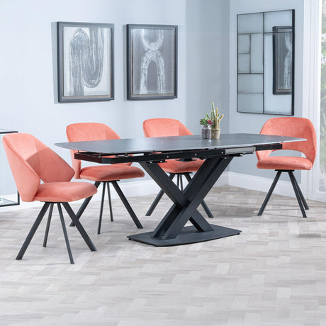 Arctic Black Ceramic Swivel Top Extending Dining Set - Ion Orange Velvet Fabric Swivel Dining Chair-2