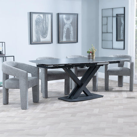 Arctic Black Ceramic Swivel Top Extending Dining Set - Kiefer Grey Boucle Fabric Dining Chair-2