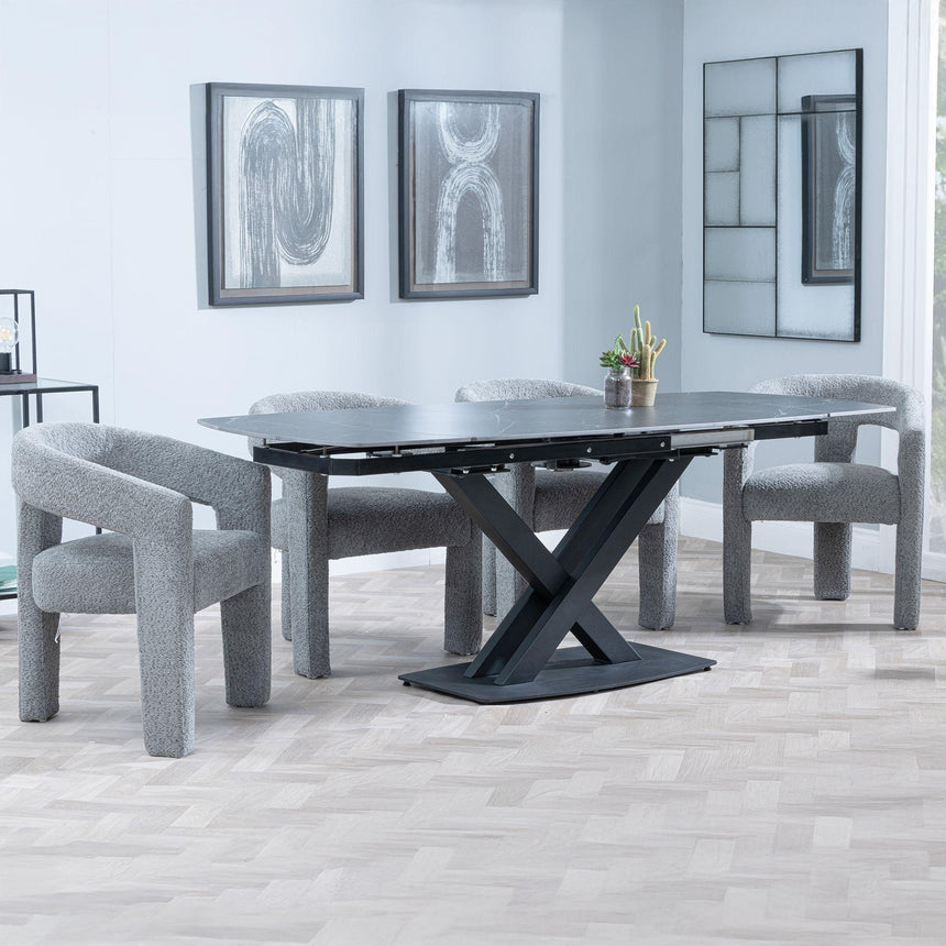 Arctic Black Ceramic Swivel Top Extending Dining Set - Kiefer Grey Boucle Fabric Dining Chair-2
