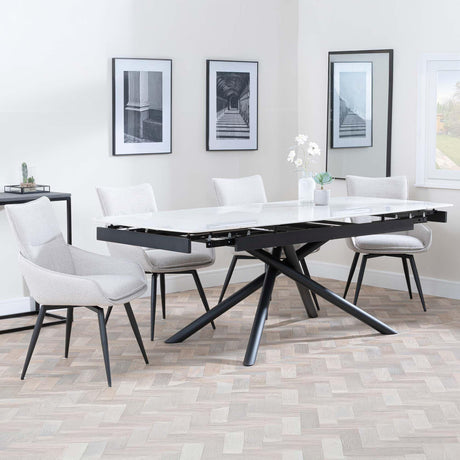Apollo White Ceramic Extending Dining Set - Ace Beige Fabric Swivel Dining Chair-3