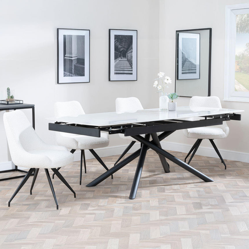 Apollo White Ceramic Extending Dining Set - Arctic Cream Velvet Fabric Swivel Dining Chair-4