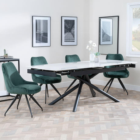 Apollo White Ceramic Extending Dining Set - Arctic Green Velvet Fabric Swivel Dining Chair-2