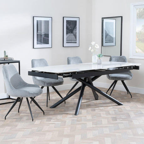 Apollo White Ceramic Extending Dining Set - Arctic Grey Velvet Fabric Swivel Dining Chair-3