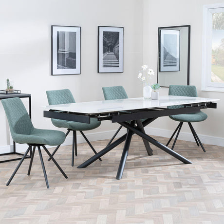 Apollo White Ceramic Extending Dining Set - Boden Green Fabric Swivel Dining Chair-5