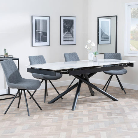 Apollo White Ceramic Extending Dining Set - Boden Grey Fabric Swivel Dining Chair-6