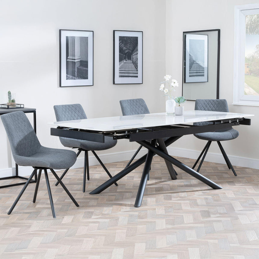 Apollo White Ceramic Extending Dining Set - Boden Grey Fabric Swivel Dining Chair-6