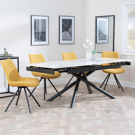 Apollo White Ceramic Extending Dining Set - Boden Yellow Fabric Swivel Dining Chair-2