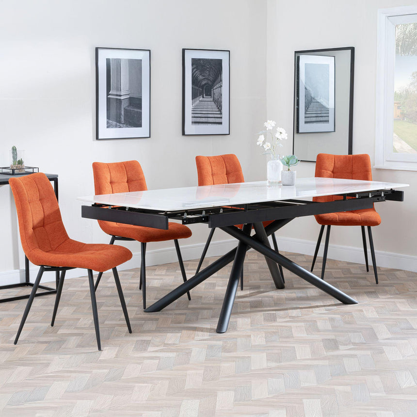 Apollo White Ceramic Extending Dining Set - Corona Orange Fabric Dining Chair-3