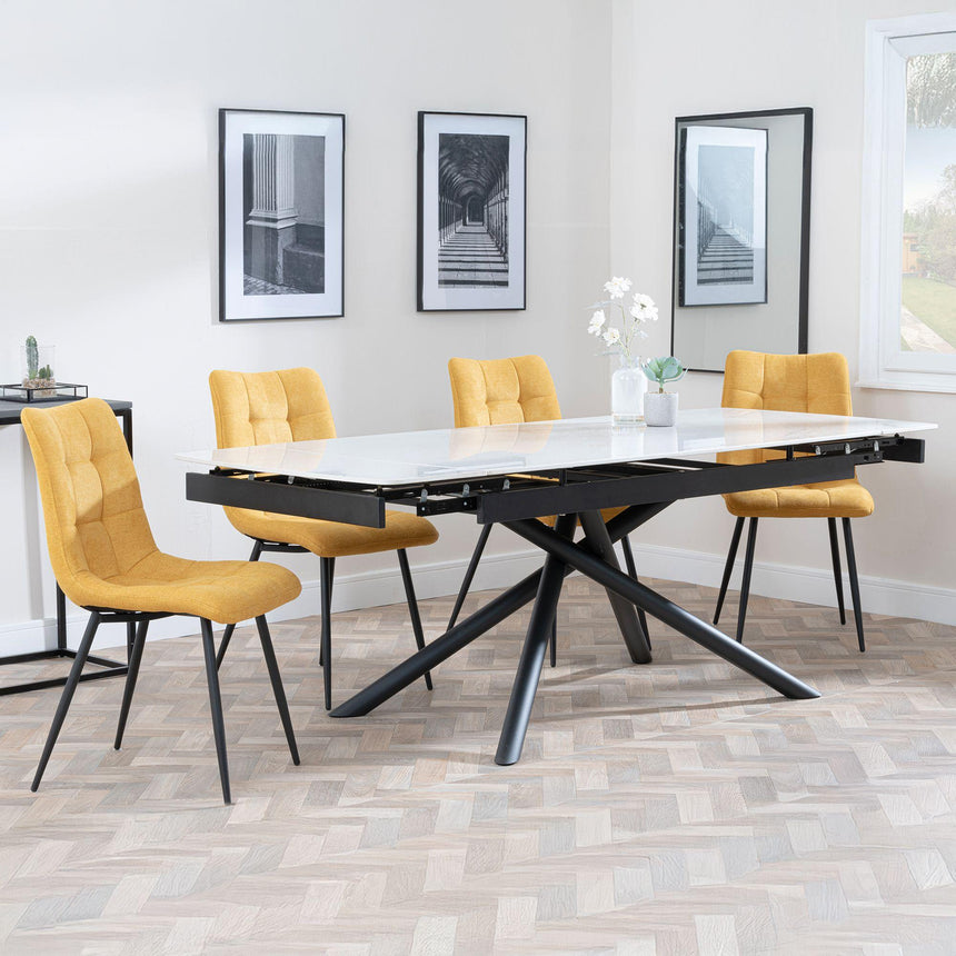 Apollo White Ceramic Extending Dining Set - Corona Yellow Fabric Dining Chair-2