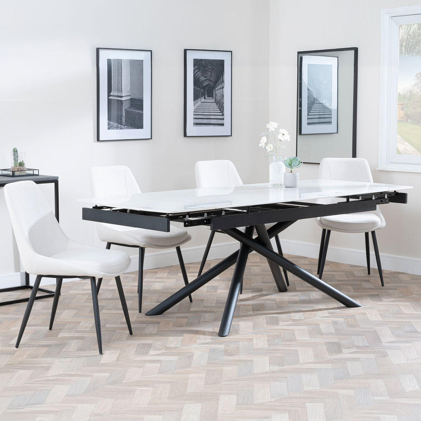 Apollo White Ceramic Extending Dining Set - Darwin Cream Fabric Dining Chair-2