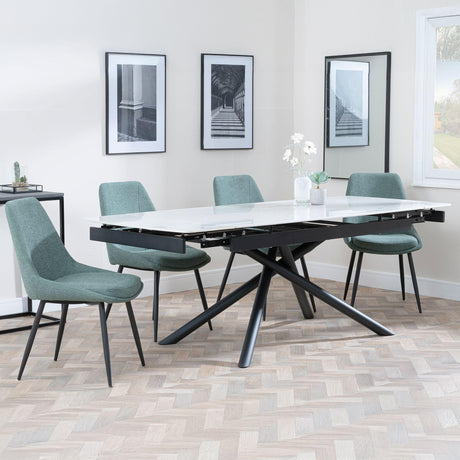 Apollo White Ceramic Extending Dining Set - Darwin Green Fabric Dining Chair-5