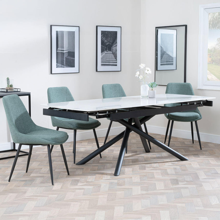 Apollo White Ceramic Extending Dining Set - Darwin Green Fabric Dining Chair-5