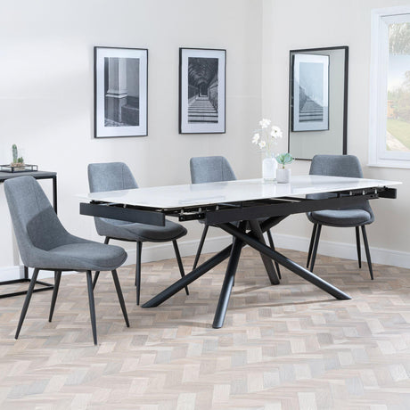Apollo White Ceramic Extending Dining Set - Darwin Grey Fabric Dining Chair